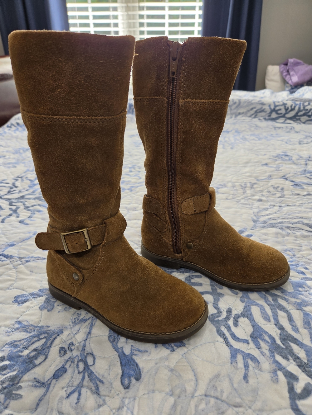 Girl's Tall Suede Buckle Heeled Boots - Brown